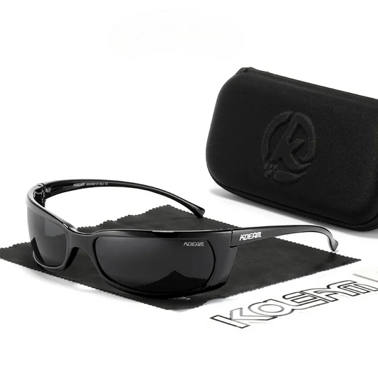 Wrap around polarised sunglasses with black frames and black lenses