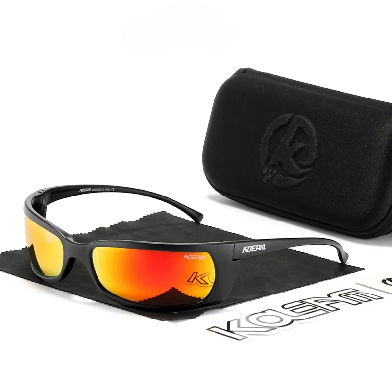 Wrap around polarised sunglasses with black frames and orange lenses