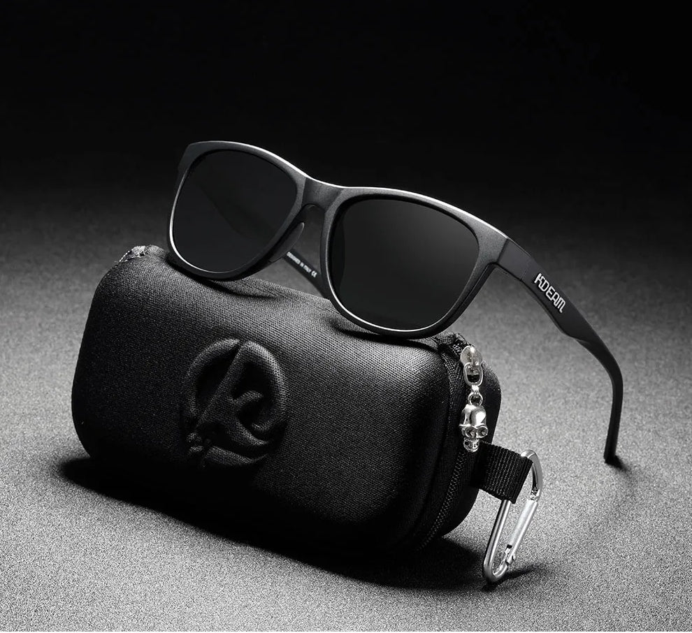 womens square frame polarised sunglasses with black frames and black lenses