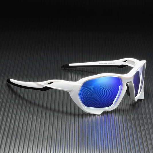 cycling sunglasses with white frames and blue lenses
