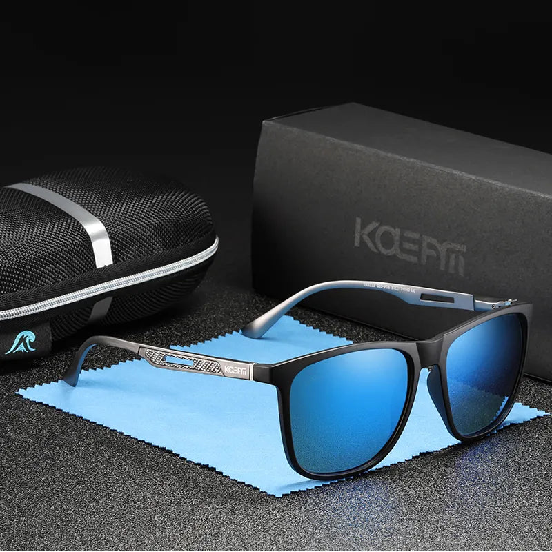 Stylish sunglasses with blue lenses and aluminium frames 