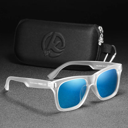 unisex polarised sunglasses with clear frames and blue lenses. perfect for parties and festivals