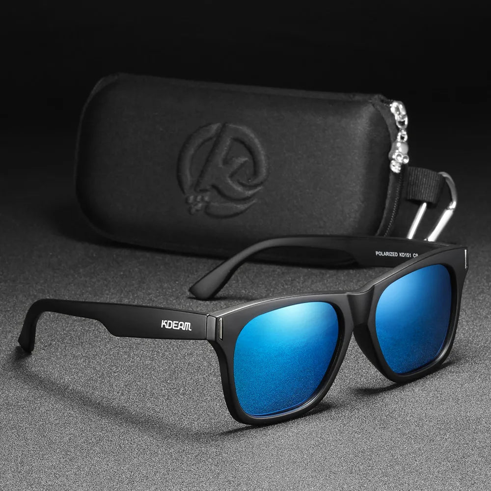 unisex polarised sunglasses with black frames and blue lenses. perfect for parties and festivals