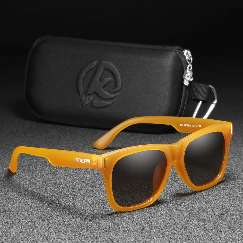 unisex polarised sunglasses with orange frames and black lenses. perfect for parties and festivals