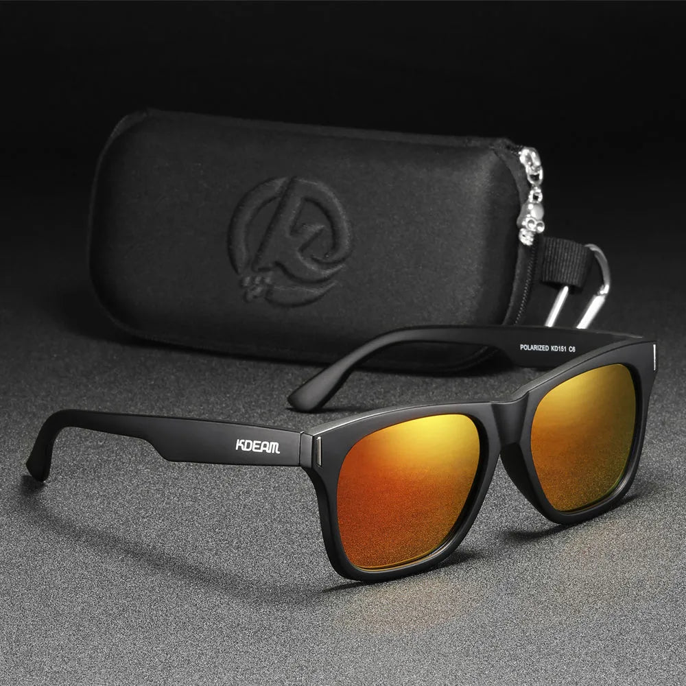 unisex polarised sunglasses with black frames and orange lenses. perfect for parties and festivals