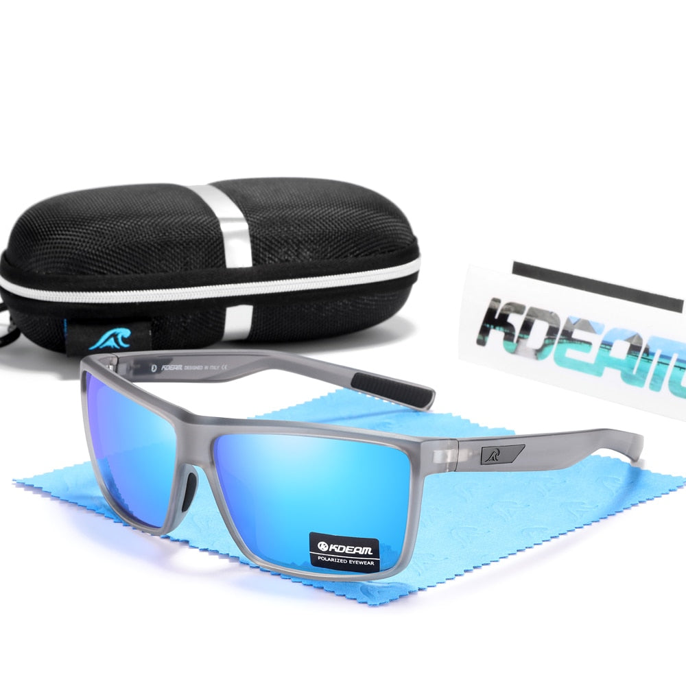 Scratch resistant glasses with polarised lenses. Grey frames and blue lenses