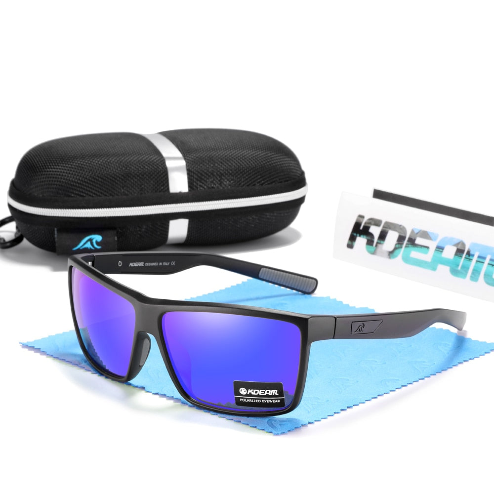 Scratch resistant glasses with polarised lenses. Black frames and blue lenses