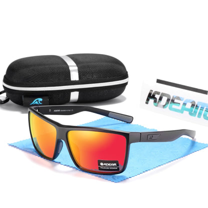 Scratch resistant glasses with polarised lenses. Black frames and red lenses