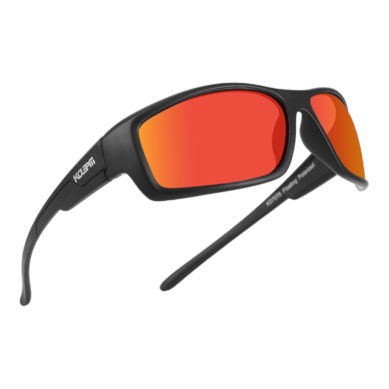 sports design floating sunglasses with black frames and red lenses, perfect for fishing, kayaking and any other water sports