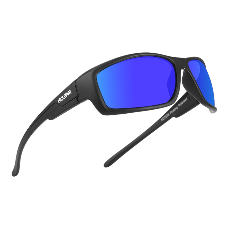 sports design floating sunglasses with black frames and dark blue lenses, perfect for fishing, kayaking and any other water sports