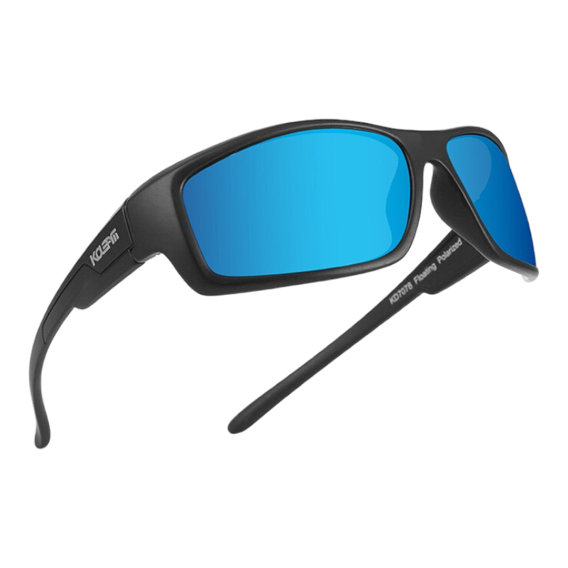 sports design floating sunglasses with black frames and light blue lenses, perfect for fishing, kayaking and any other water sports