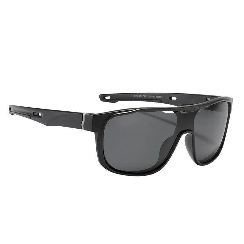 one piece polarised sunglasses with black frames and black lenses