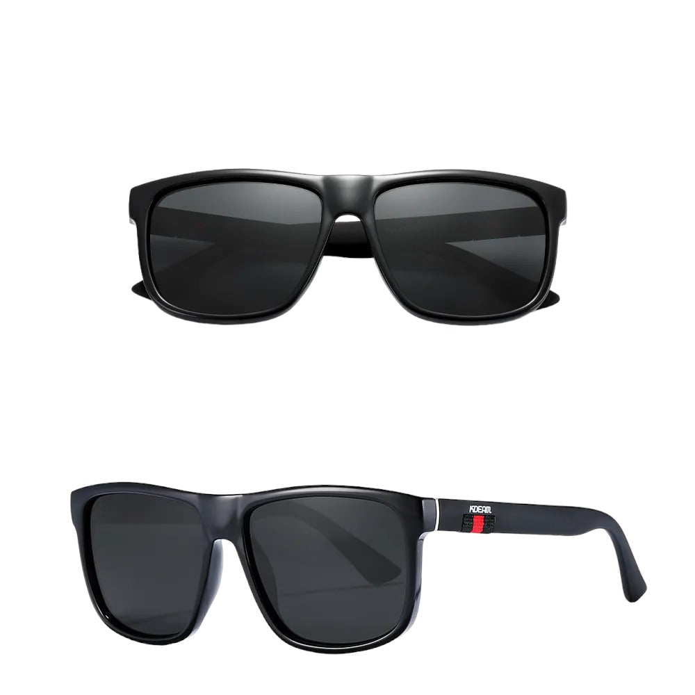 Square frame designer sunglasses with black frames and black lenses