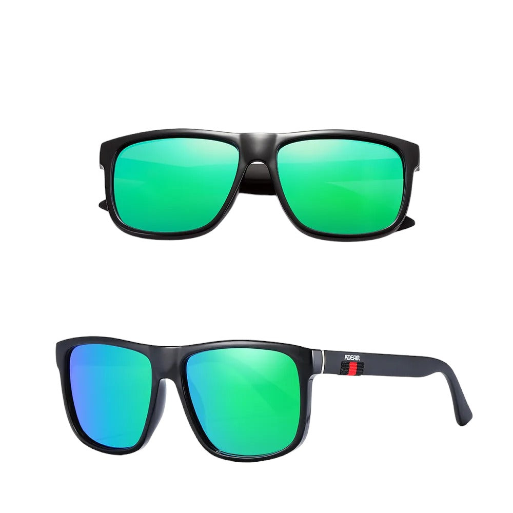 Square frame designer sunglasses with black frames and green lenses