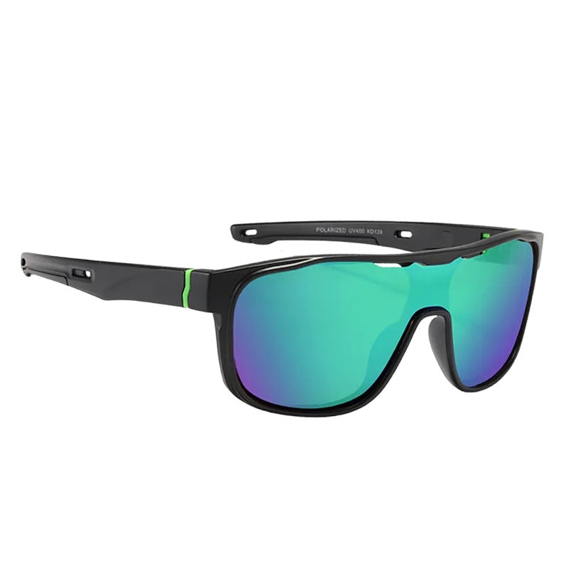 one piece polarised sunglasses with black frames and green lenses