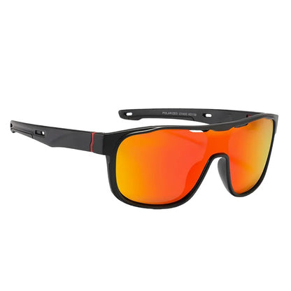 one piece polarised sunglasses with black frames and orange lenses