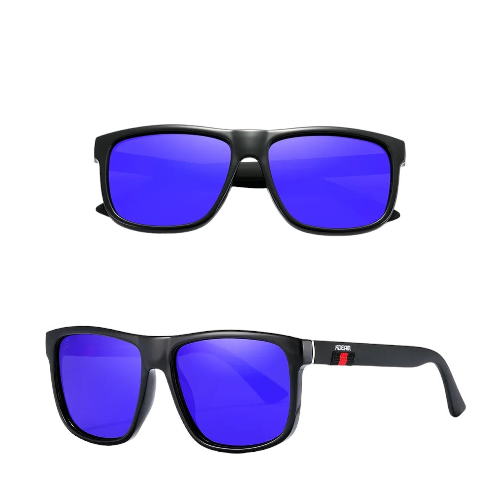 Square frame designer sunglasses with black frames and blue lenses