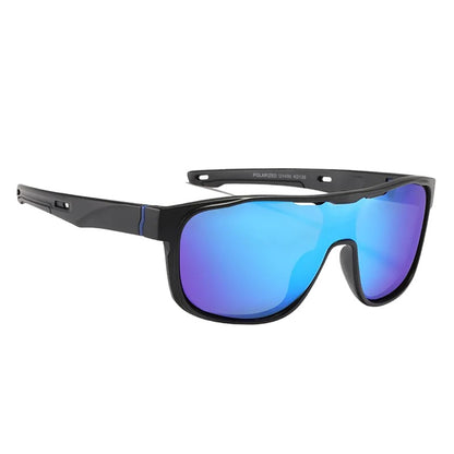 one piece polarised sunglasses with black frames and blue lenses