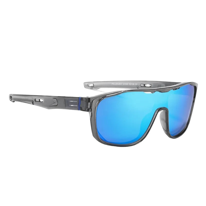 one piece polarised sunglasses with grey frames and blue lenses