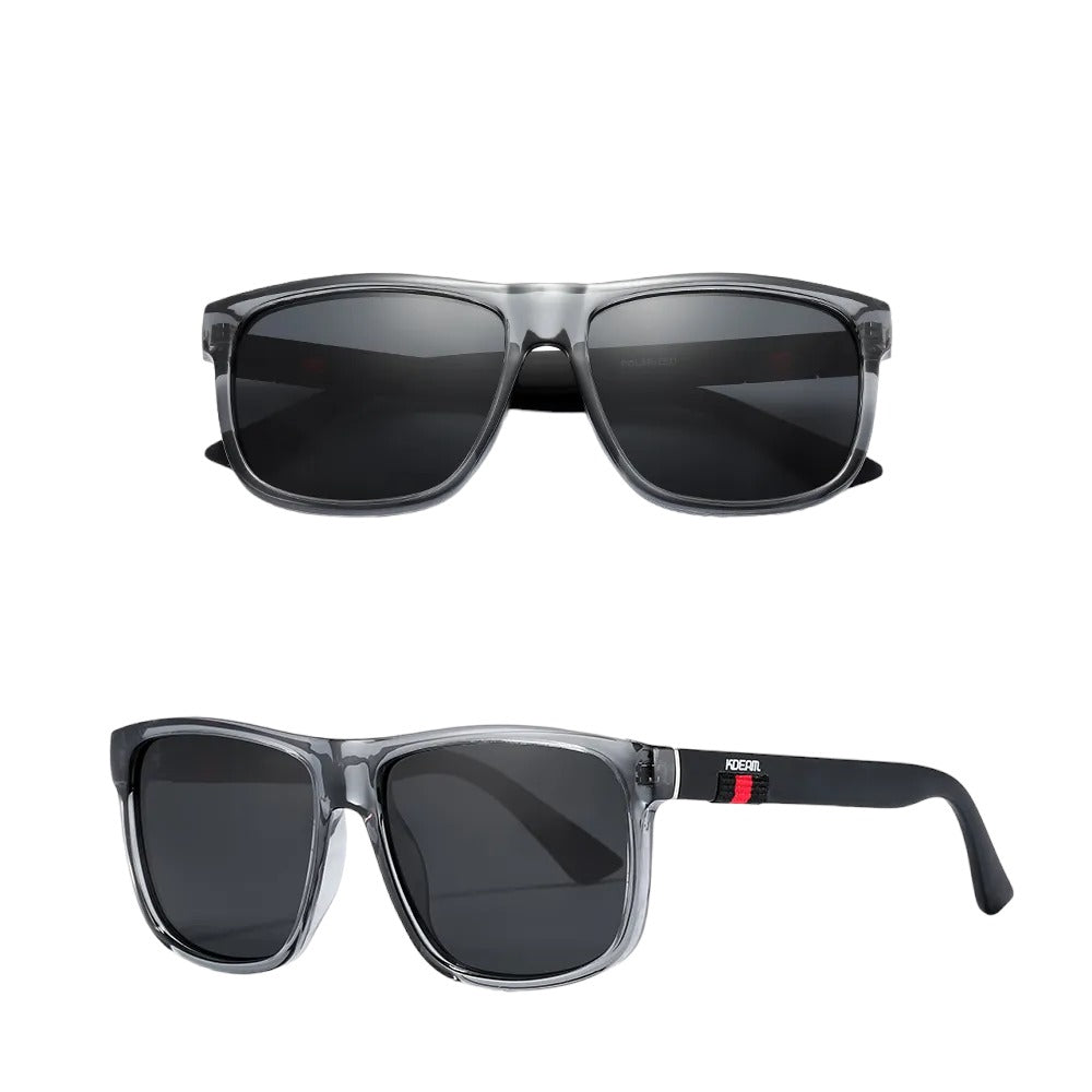 Square frame designer sunglasses with black frames and black lenses