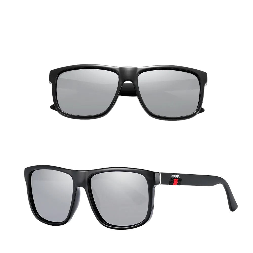 Square frame designer sunglasses with black frames and silver lenses