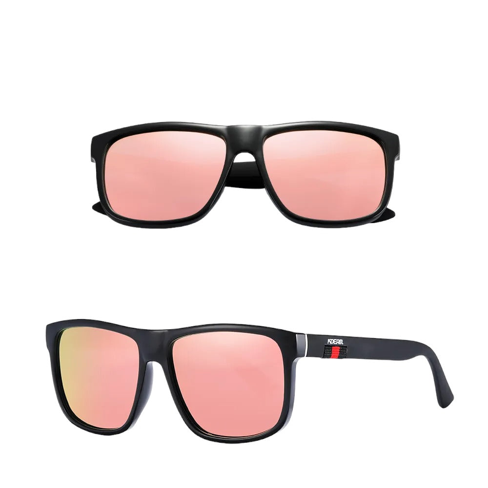 Square frame designer sunglasses with black frames and pink lenses