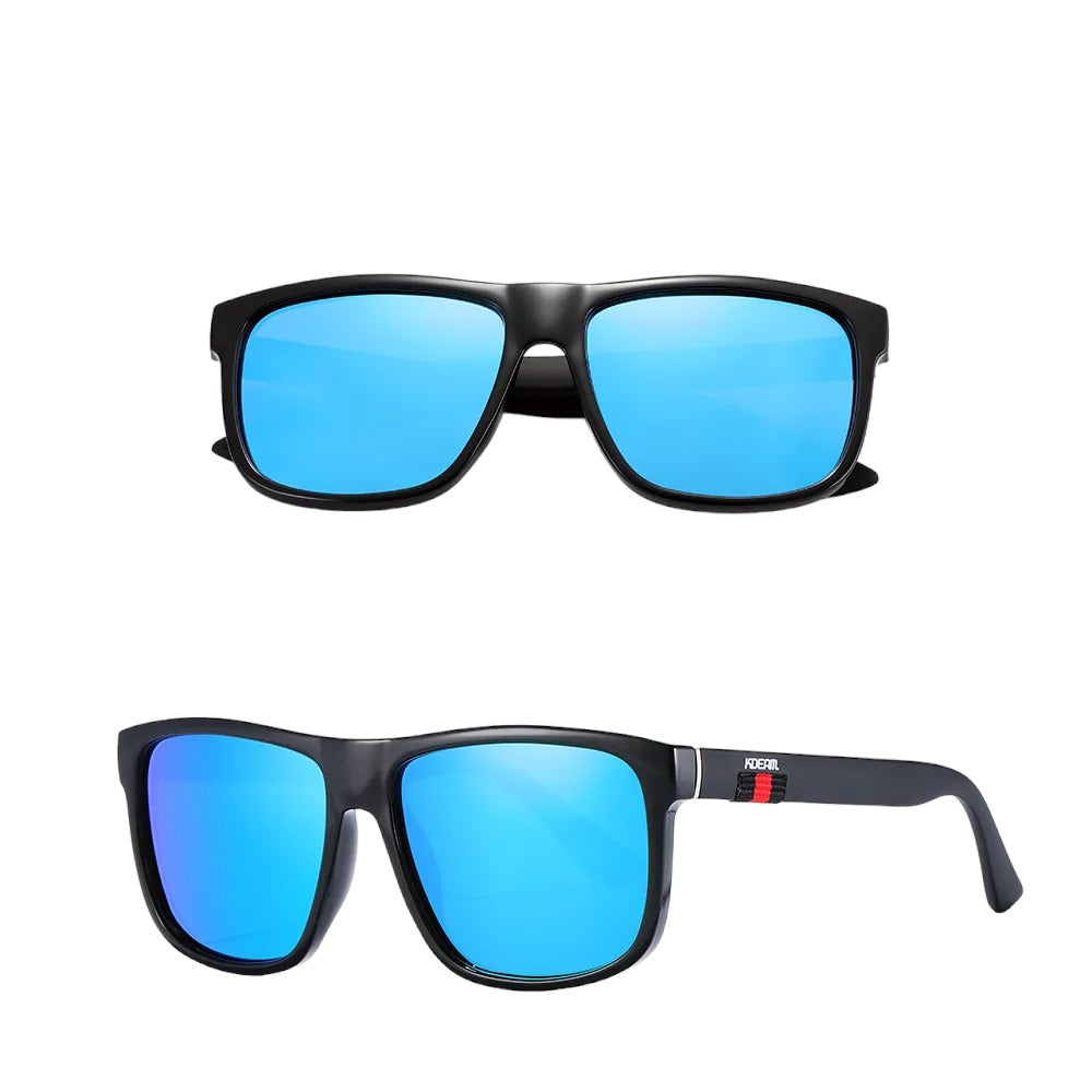 Square frame designer sunglasses with black frames and light blue lenses