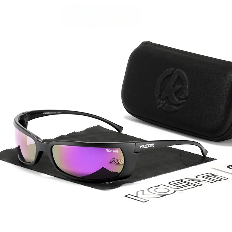 Wrap around polarised sunglasses with black frames and purple lenses