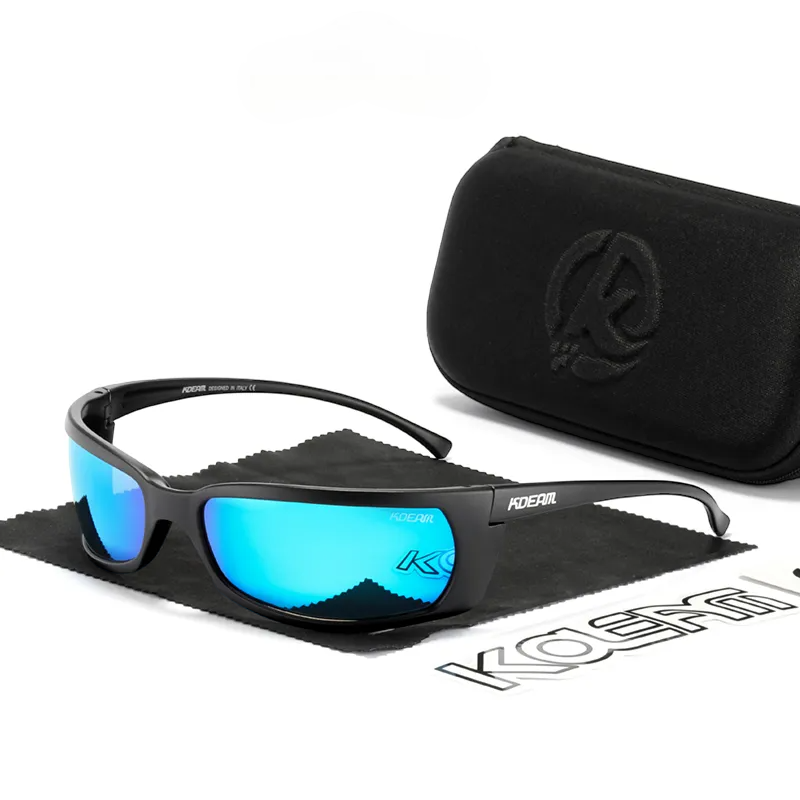 Wrap around polarised sunglasses with black frames and light blue lenses