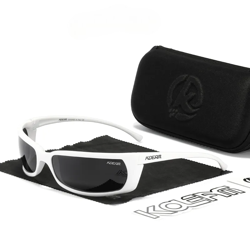 Wrap around polarised sunglasses with white frames and black lenses