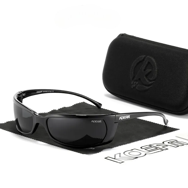 Wrap around polarised sunglasses with black frames and black lenses