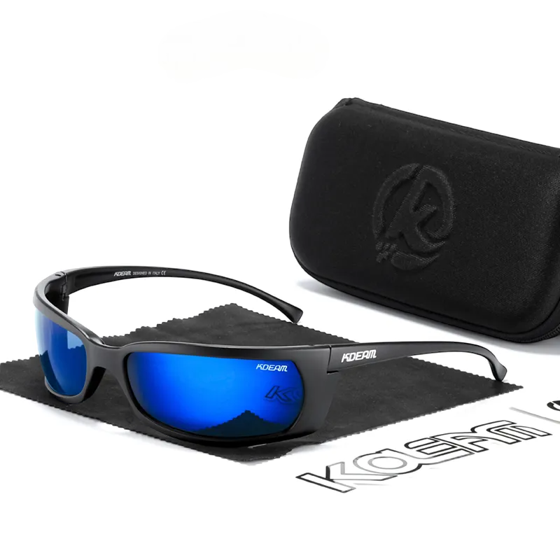 Wrap around polarised sunglasses with black frames and dark blue lenses