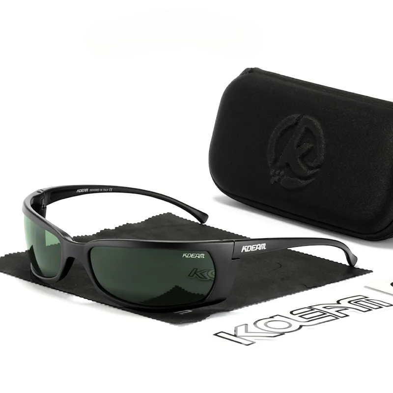 Wrap around polarised sunglasses with black frames and army green lenses