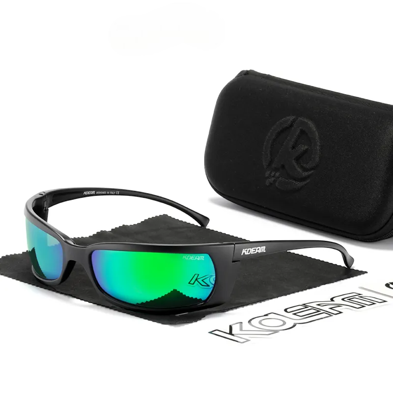 Wrap around polarised sunglasses with black frames and green lenses