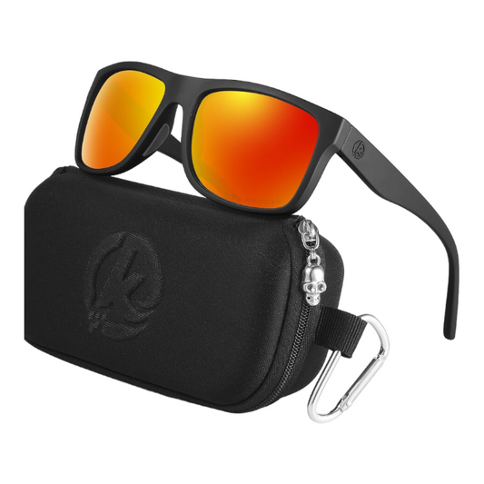 designer sunglasses with black frames and orange lenses