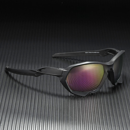 cycling sunglasses with black frames and violet lenses