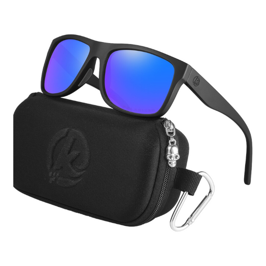 designer sunglasses with black frames and dark blue lenses