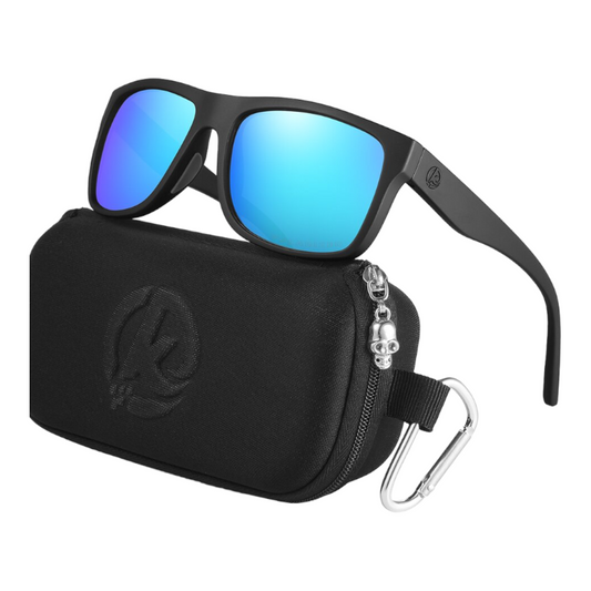 designer sunglasses with black frames and light blue lenses