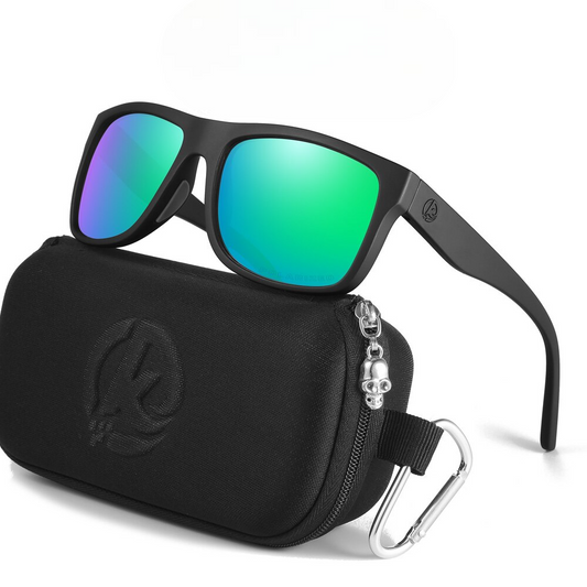designer sunglasses with black frames and green lenses