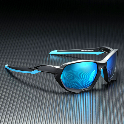 cycling sunglasses with black frames and blue lenses