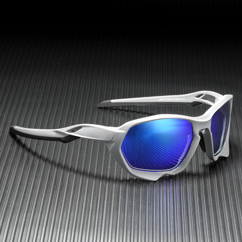 cycling sunglasses with grey frames and blue lenses